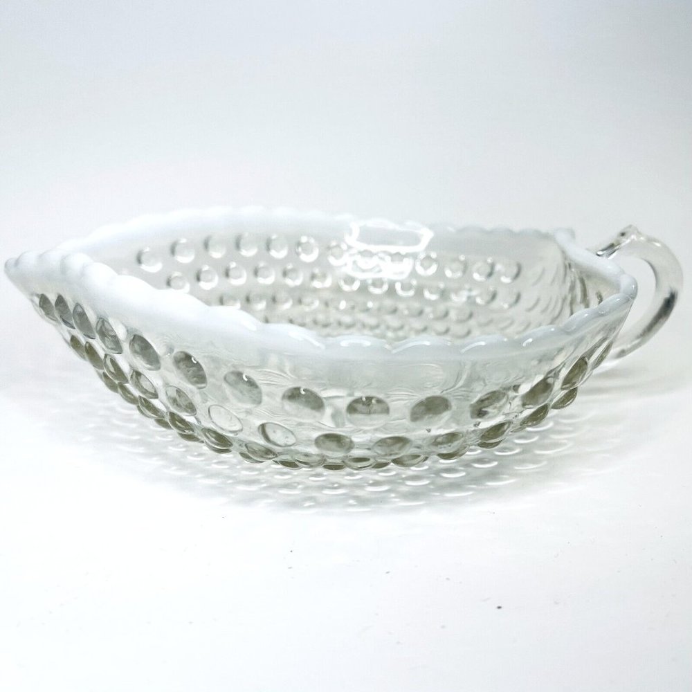 Vintage Anchor Hocking Moonstone Clear Opalescent Hobnail Handled Candy Dish